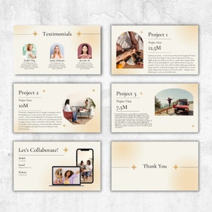 May include: A presentation slide deck with a cream and gold color scheme. The slides include testimonials, project overviews, and a call to action. The deck features images and text, with a clean and modern design.