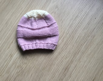 Pink and ecru knitted beanie for 3-month-old baby