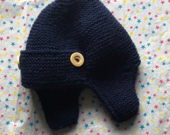 Baby aviator hat, baby hat, hand knitted wool hat, blue aviator hat, earmuffs