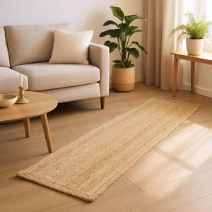 Könnte beinhalten: Ein rechteckiger Jute-Teppich in Naturtönen liegt auf einem hellen Holzboden. Der Teppich hat eine gewebte Textur und ein schlichtes Design. Der Raum umfasst ein beiges Sofa, einen runden Holztisch und eine Topfpflanze. Maße in Zentimetern.