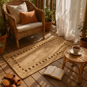 Può includere: Una sedia in vimini con cuscini beige e arancioni è su un ponte di legno. Un tappeto rettangolare in juta con bordo geometrico è sul ponte. Un tavolino rotondo contiene una tazza di caffè e un libro.