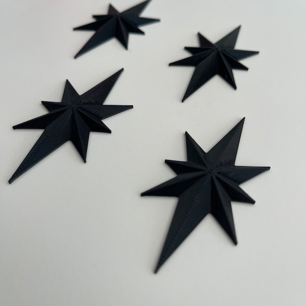 Mid Century Modern 8 Point Starbursts - 3D Printed in Black, Gold, and White - 2 and 3/4 Inch - 4 Pack