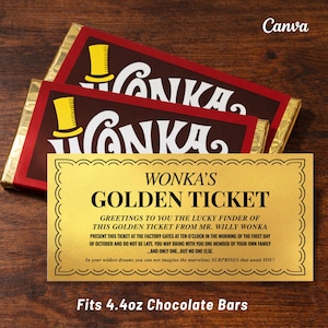 Editable Golden Ticket - Printable Template - Willy Wonka Party Supplies - Wonka Bar Wrapper Included - Fits Hershey XL 4.4oz