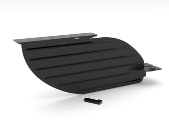 May include: Black plastic car part with a curved shape and a series of parallel lines. The part has a small, rectangular piece attached to the side.