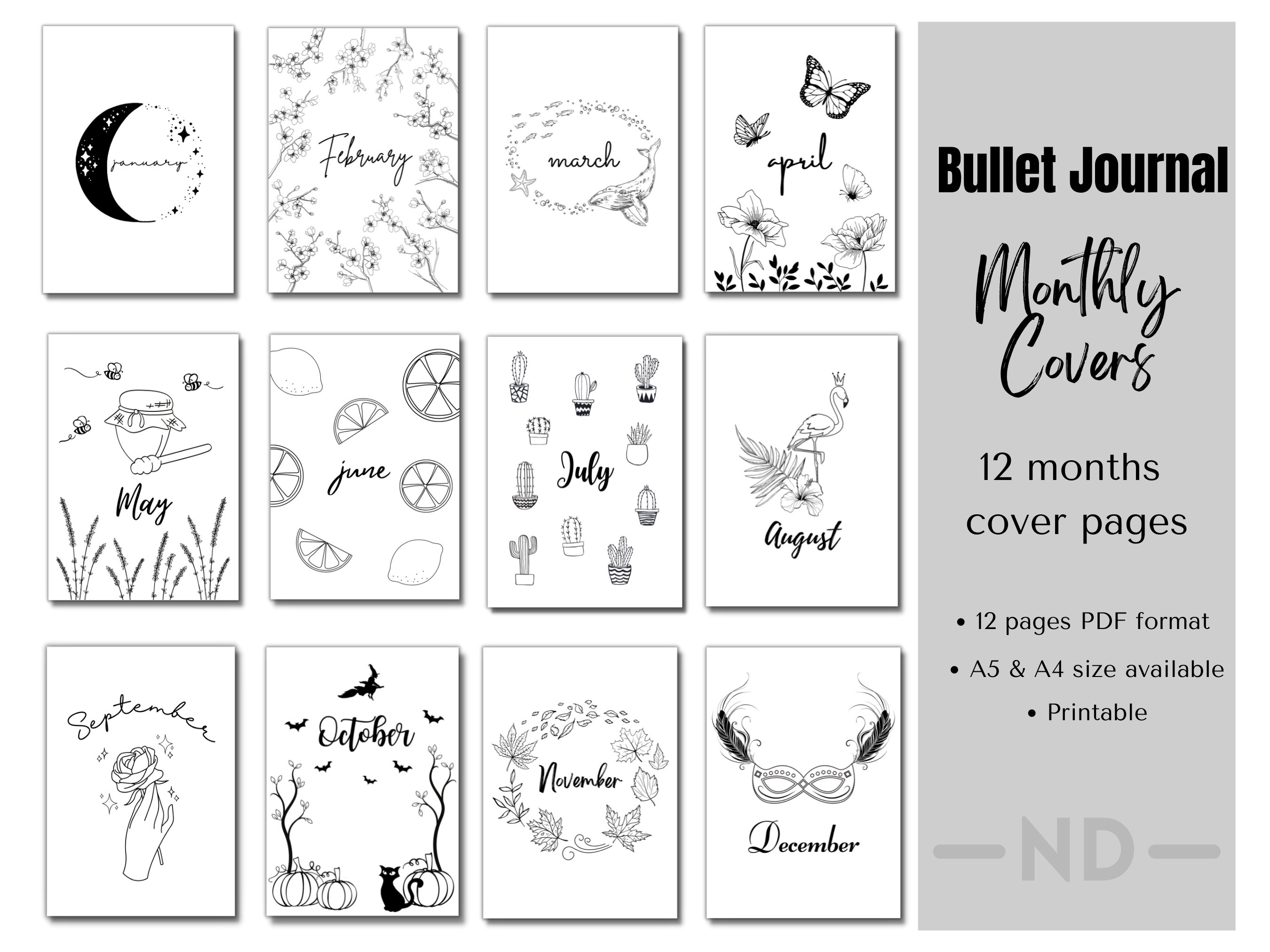 Coloring Monthly Cover Pages Printable Planner Digital Bullet