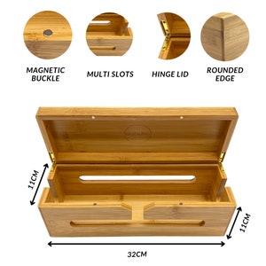May include: A wooden cable box with a hinged lid, magnetic buckle, and multiple slots. The box is 11 inches tall and 32 inches wide. The box is made of natural bamboo wood and has a rounded edge.
