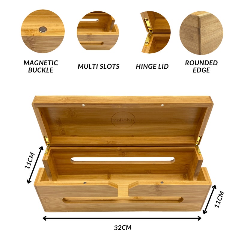 May include: A wooden cable box with a hinged lid, magnetic buckle, and multiple slots. The box is 11 inches tall and 32 inches wide. The box is made of natural bamboo wood and has a rounded edge.