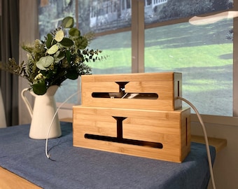 MaDaNg 2 Wooden Craft Cable Tidy Box - Cable Management Box-37x14x14, 32x11x11cm with Wooden Phone Standing Holder