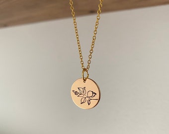 Engraved Necklace for Women - Gold Necklace - Flower Jewelry