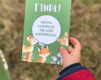 FINDE! Outdoor-Kartenspiel für echte Waldentdecker - Suchspiel /Naturbingo / Schatzsuche/Kindergeburtstag/Waldtiere/Fuchs