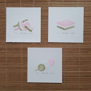 Wagashi Trio IV - handgemaakte, met de hand bedrukte en met de hand geëmbosseerde miniprints
