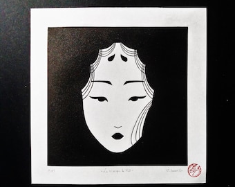 The Noh Mask – Hand-carved and printed linocut print