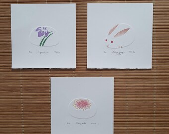 Wagashi Trio I: mini impresiones hechas a mano, impresas a mano y en relieve a mano