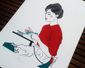 Akiko (Le Goût du saké - 1962) – Linogravure gravée et imprimée à la main – handmade linocut print