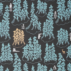 Peut inclure: Un motif répétitif noir et blanc d'arbres stylisés avec une couleur bleu-vert. Le motif comprend de petites figures de personnes et d'animaux.