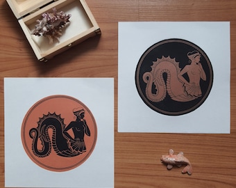 Scylla – Hand-carved and printed linocut print