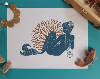 L'Odalisque sous-marine - Linogravure gravée et imprimée à la main - handmade linocut print