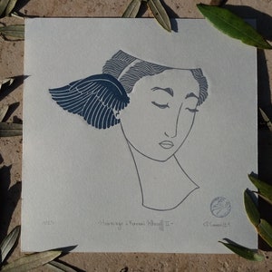 The Blue Wing - Omaggio a Fernand Khnopff II - Linoleografia stampata e incisa a mano - stampa linoleografica fatta a mano