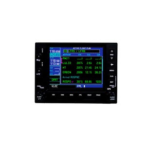 May include: A black and blue aircraft navigation system with a digital display. The screen shows flight plan data, including waypoints, frequencies, and distances. Buttons and knobs surround the screen for control.