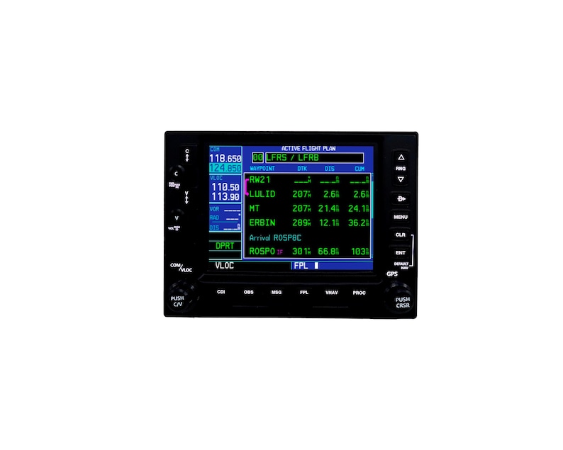 May include: A black and blue aircraft navigation system with a digital display. The screen shows flight plan data, including waypoints, frequencies, and distances. Buttons and knobs surround the screen for control.
