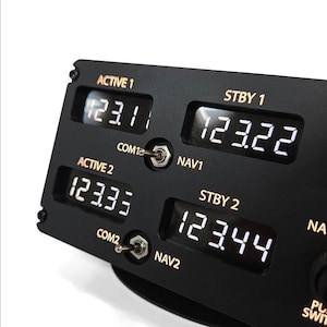 Op de afbeelding: Close-up van een zwart elektronisch paneel met digitale displays. Het paneel heeft vier digitale displays met witte cijfers. De teksten "ACTIVE 1", "STBY 1", "ACTIVE 2" en "STBY 2" staan boven de displays. Er zijn ook tuimelschakelaars.