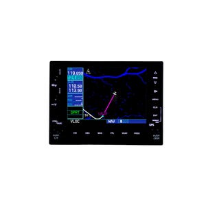 May include: A black aviation instrument panel displaying flight data and a navigation map with a pink flight path. The screen shows numerical data, labels, and the text "NAV". The panel has various buttons and controls.