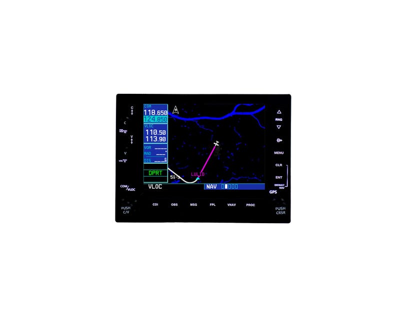May include: A black aviation instrument panel displaying flight data and a navigation map with a pink flight path. The screen shows numerical data, labels, and the text "NAV". The panel has various buttons and controls.