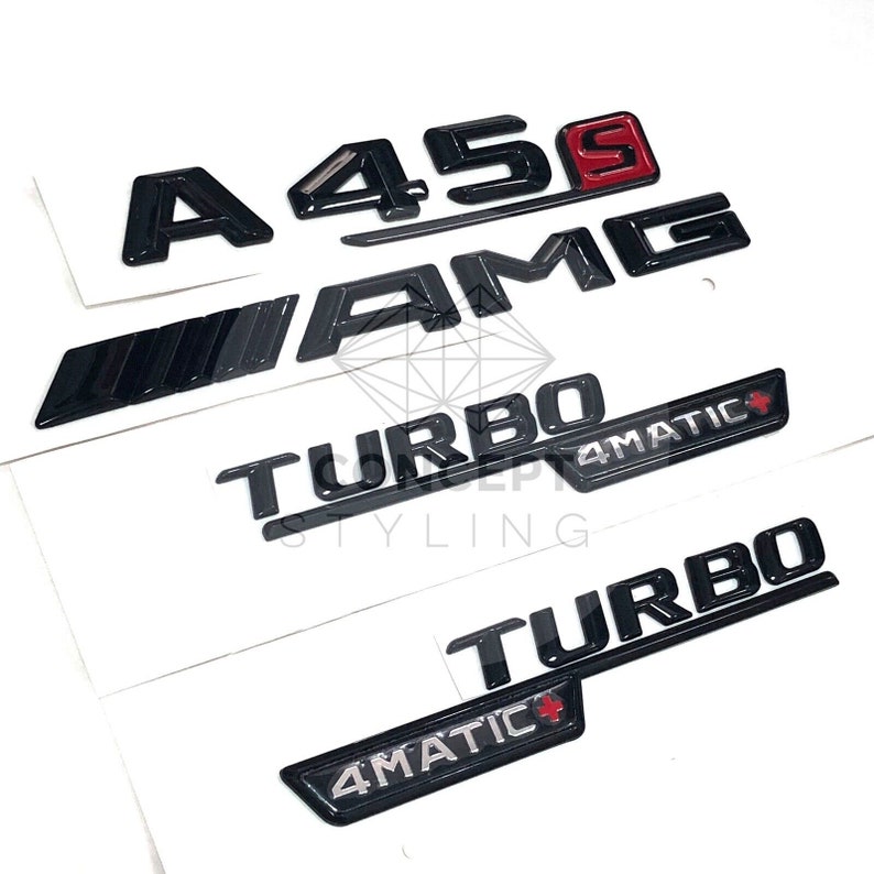 Mercedes A45s Gloss Black Turbo 4Matic+ Badge Set – UK Mercedes A45s Gloss Black Turbo 4Matic+ Badge Set – UK