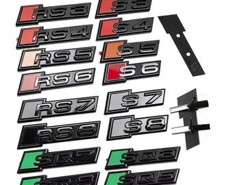 May include: A collection of black and silver car emblems, including RS3, RS4, RS5, RS6, RS7, RS8, SQ7, SQ8, and SQ5. Each emblem has a colored accent, such as red, orange, or green. The image also includes S4, S5, S6, S7, and S8 emblems.