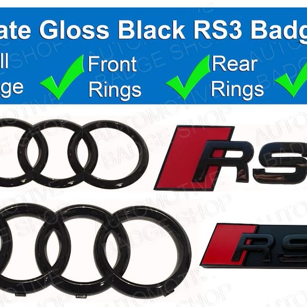 Audi RS3 Gloss Black Box Set front grille badge, lettering, rear lettering rear badge - rings set of 4