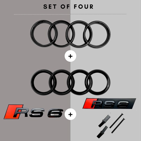 Audi RS6 Gloss Black Set Abzeichen Vorne Hinten Ringe Kühlergrill Boot Emblem Schwarz SET KIT Vorne Ringe Abzeichen Grille Boot Deckel Trunk Emblem