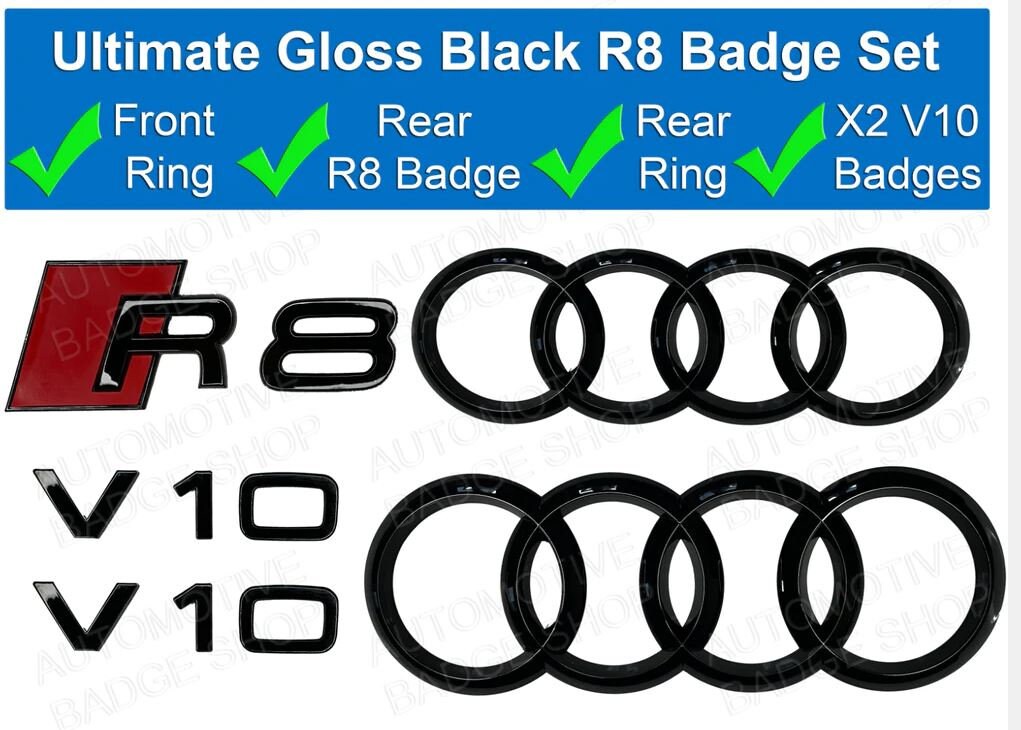 Audi R8 Rings Emblem Gloss Black Side V10 Logo Badge Set Kit Audi R8 ...