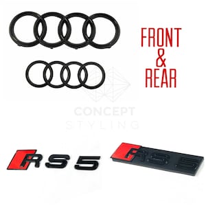 Premium Audi RS5 Gloss Black Set Kit Badges Front Rear Rings Grille Boot Emblem  Black SET KIT Front Badge Lid Trunk Emblem glossy hood