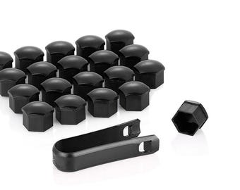 May include: A collection of black lug nut covers and a removal tool. The covers are hexagonal and dome-shaped, designed to protect wheel lug nuts. The tool is a curved, slotted device for easy removal.