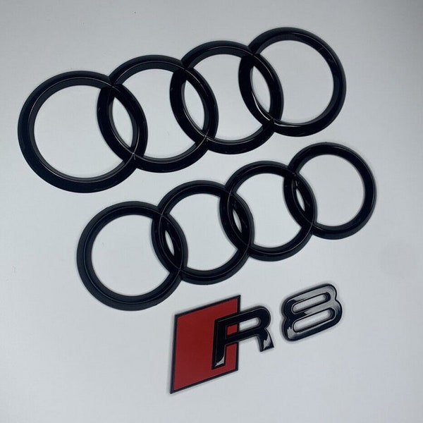 Audi R8 Rings Emblem Gloss Black Logo Badge Set For Audi R8 Black SET KIT of Front Rings Badge Grille Boot Lid Trunk Emblem