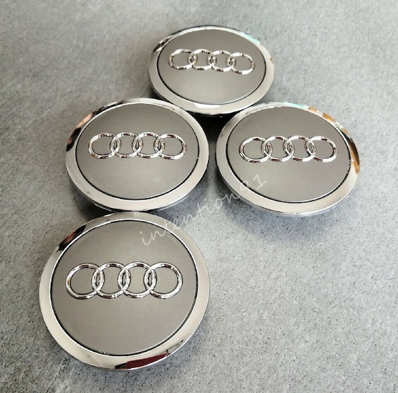 4x Audi Grey Chrome 69mm Wheel Center Caps – OEM-Style, ABS Finish, No Tools Needed