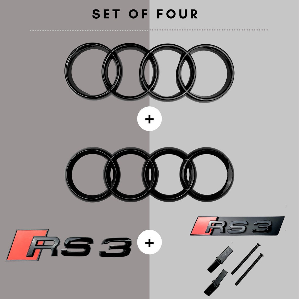 Emblem Kühlergrill + Heck + Ringe Original Audi RS3 Black Edition PAKET Schwarz