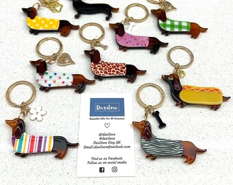 Dachshund, Sausage Dog Keyring Keychain in different patterns with different charm