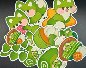 Matcha Fox vinylklistermärkespaket – Kawaii dessertklistermärken (7 stycken)