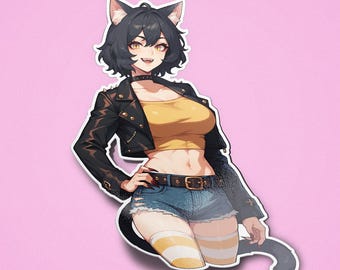 Cool Cat Girl Sticker – Punk Anime Waifu with Fangs, Ears & Tail in Crop Top – Vinyl Neko Decal for Laptop or Journal