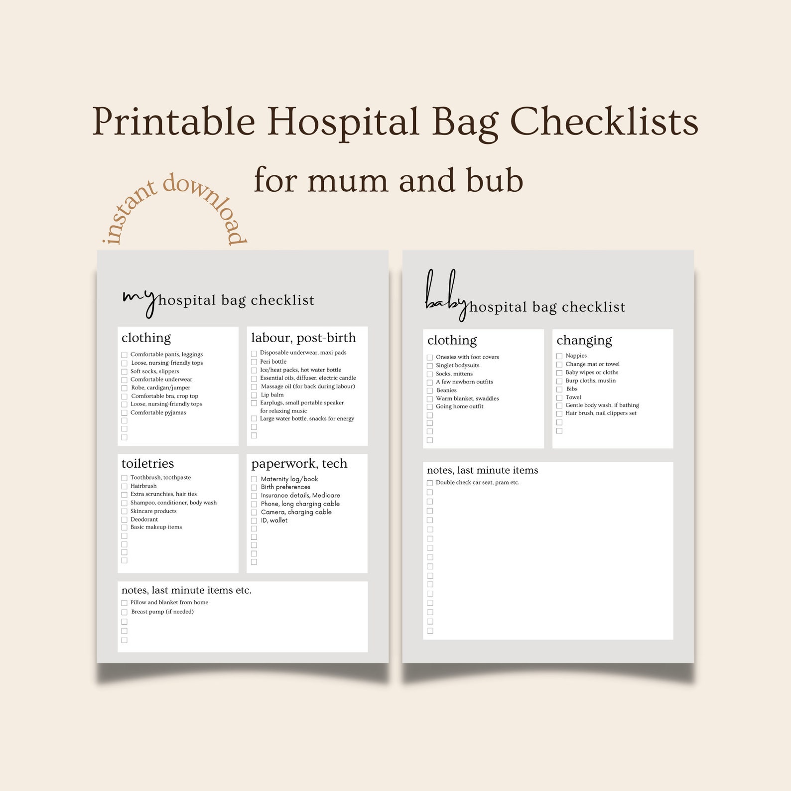 Printable Hospital Bag Packing Checklist for Mum and Baby. Etsy
