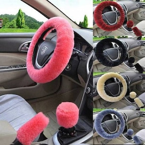 Universal Car Steering Wheel Cover Plush Fluffy Faux Fur Handbrake Cover and Gearshift Cover Winter Warm Accessories