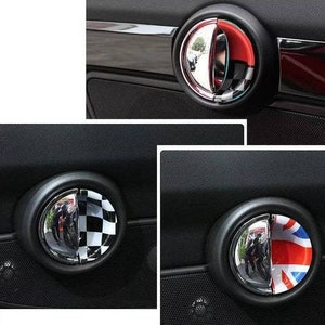 May include: Three different car door handle covers. The first cover is red, white, and blue. The second cover is black and white chequered. The third cover is a Union Jack flag.