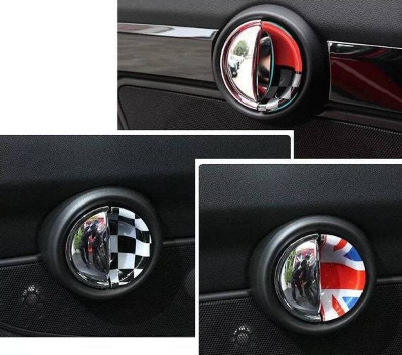 May include: Three different car door handle covers. The first cover is red, white, and blue. The second cover is black and white chequered. The third cover is a Union Jack flag.