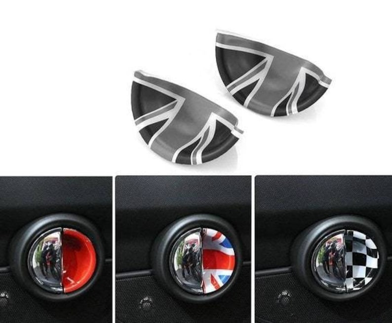 May include: Three car door handle covers with different designs. The first cover is red and white, the second is a Union Jack flag, and the third is a black and white chequered flag.