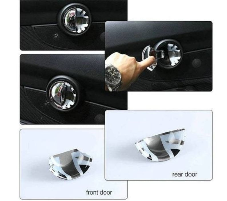 May include: Close-up of two car door handle covers. The covers are silver with a black and white pattern. The text "front door" and "rear door" is visible below the covers.