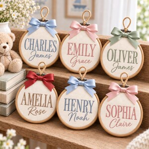 Personalized Name Embroidered Round Ornament, Custom Baby Christmas Tree Hoop, Elegant Script & Serif Font Keepsake, Nursery Gift