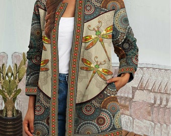 Mandala Dragonfly Plus Size Jacket, Coat, Long Sleeves Jacket, Women Coat, Women Clothing, Gift for women, Women Jacket TD_TL230708Y