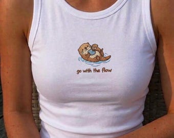 Sea Otter Embroidered Croptop Tank Top, Cute Coastal Beach Shirt, Ocean Lover Summer Fashion Gift For Her