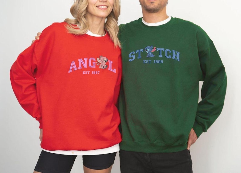 Couple Stitch And Angel Embroidered Sweatshirt, Cartoon Couple Shirt, Valentine Shirt, Trending Couple Gift, Gift For Him image 5